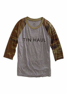 Tin Haul Mens Heather Grey/Camo Cotton Blend Script S/S T-Shirt Flexible Shoulder Panels