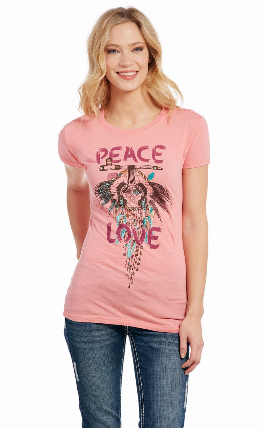 Cowgirl Up Womens Peace and Love Pink 100% Cotton S/S T-Shirt Cozy Wear Elegant Finish