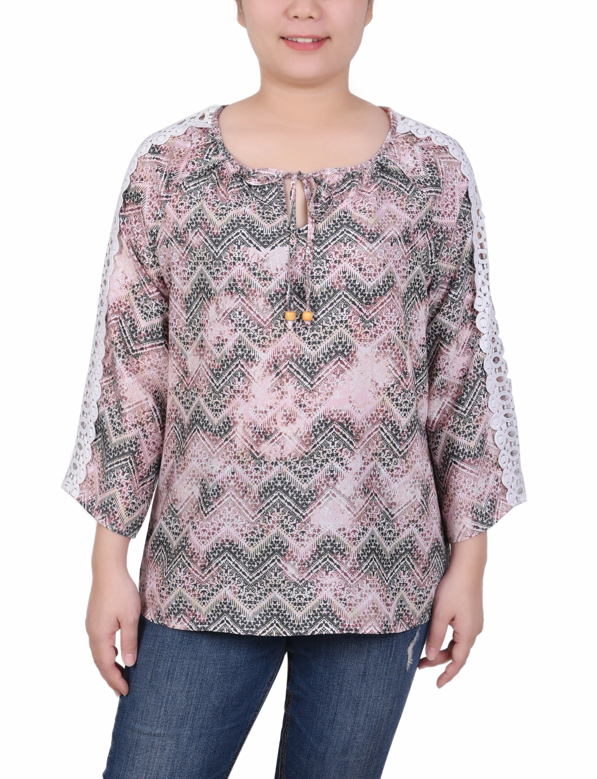 Petite 3/4 Sleeve Crochet Detail Blouse Moisture Management Fun Design