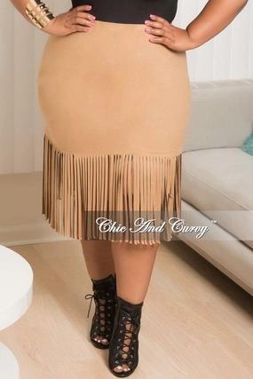 Final Sale Plus Size Faux Suede Fringe Skirt in Tan Stable Shape