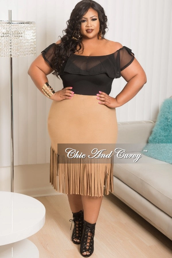 Final Sale Plus Size Faux Suede Fringe Skirt in Tan Sport Performance