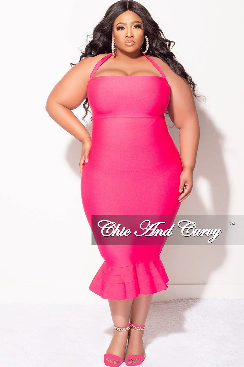 Perfectly Relaxed Snug Fit Final Sale Plus Size Halter Bandage Dress with Ruffle Bottom in Fuchsia