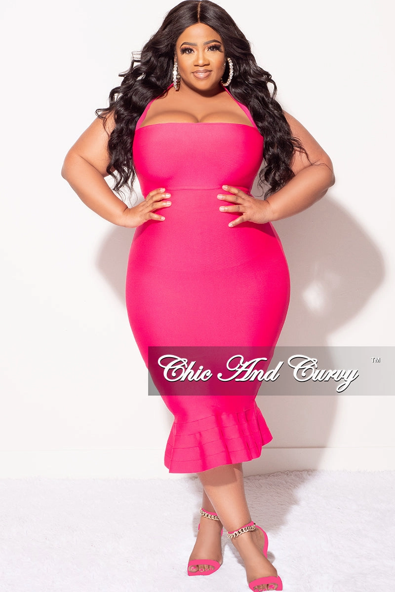 No Pinch Final Sale Plus Size Halter Bandage Dress with Ruffle Bottom in Fuchsia