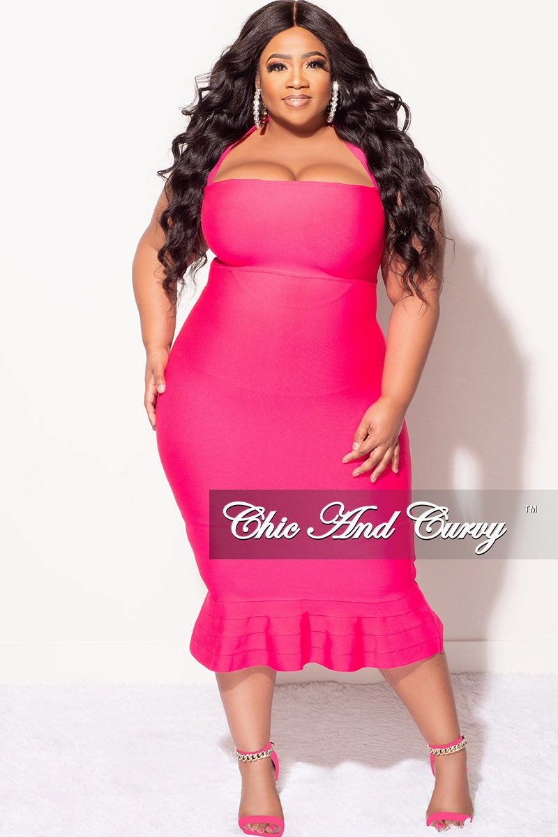 Final Sale Plus Size Halter Bandage Dress with Ruffle Bottom in Fuchsia No Frills Fit