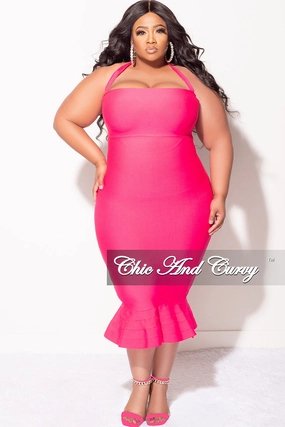 Perfectly Relaxed Snug Fit Final Sale Plus Size Halter Bandage Dress with Ruffle Bottom in Fuchsia
