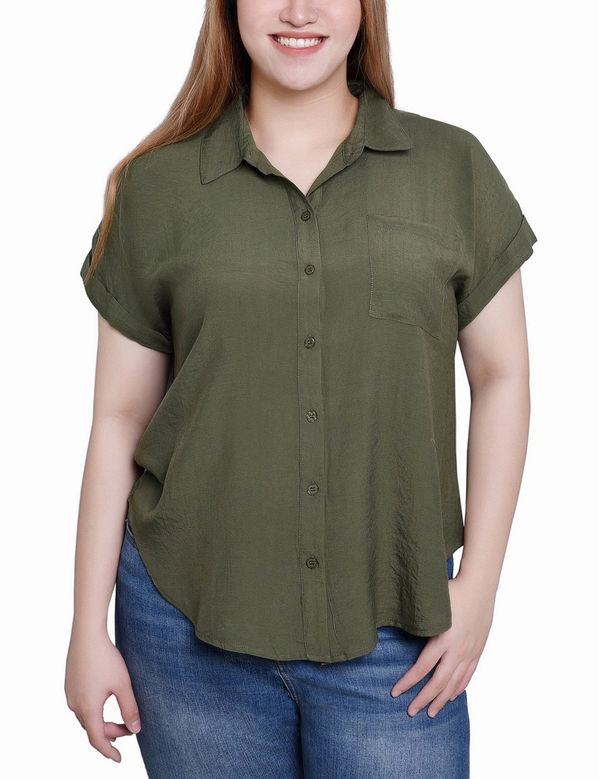 Short Sleeve Woven Front/Jersey Back Top NonIrritating Seams