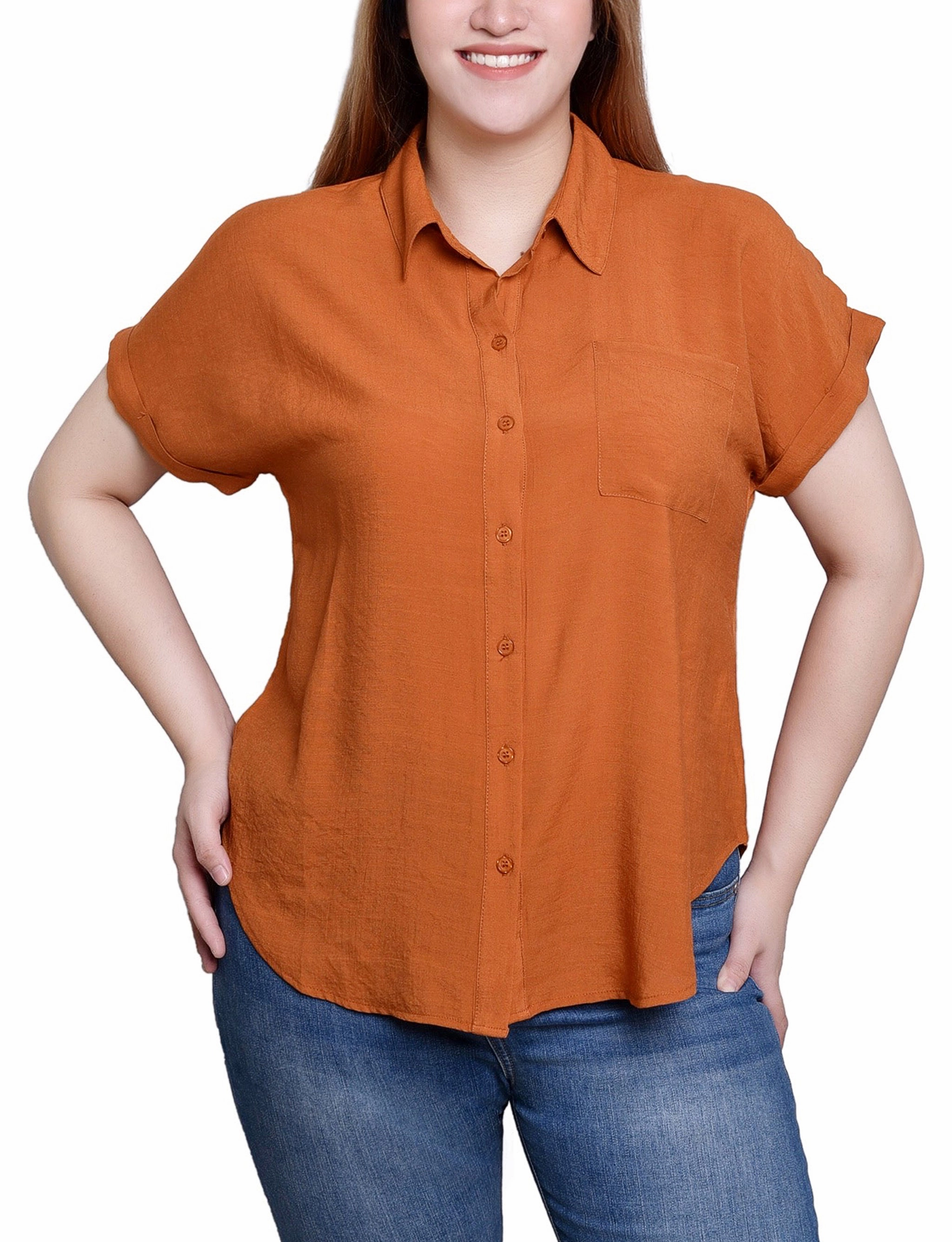 Yarn Dyed Pattern Cloth AirflowVents Short Sleeve Woven Front/Jersey Back Top