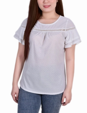 NoTagLabel Cool and Breezy Short Double Flutter Sleeve Swiss Dot Top
