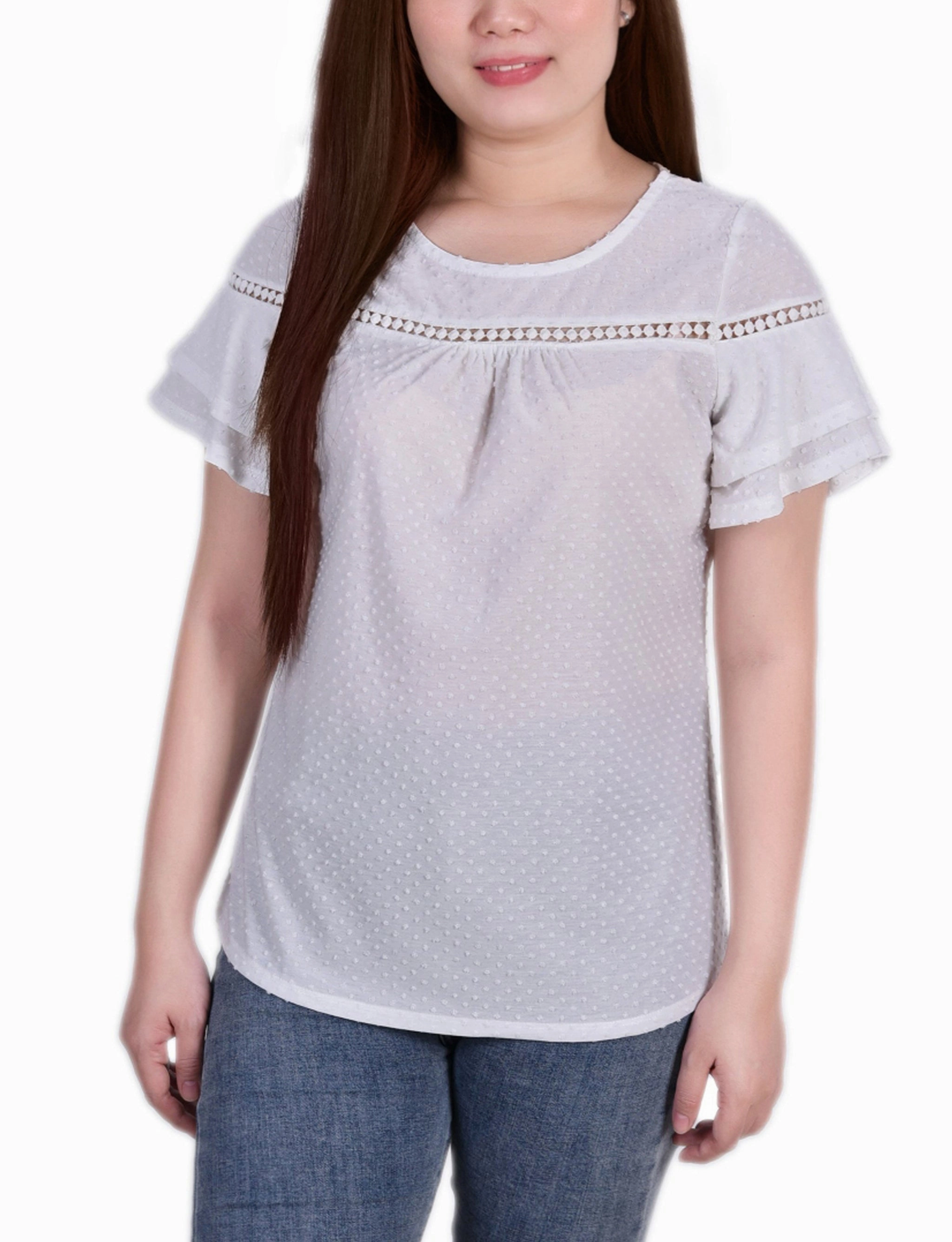 NoTagLabel Cool and Breezy Short Double Flutter Sleeve Swiss Dot Top