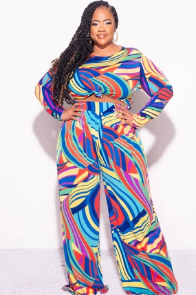 Low Profile Fasteners Final Sale Plus Size 2pc Crop Top and Palazzo Pants Set in Multi Color Print