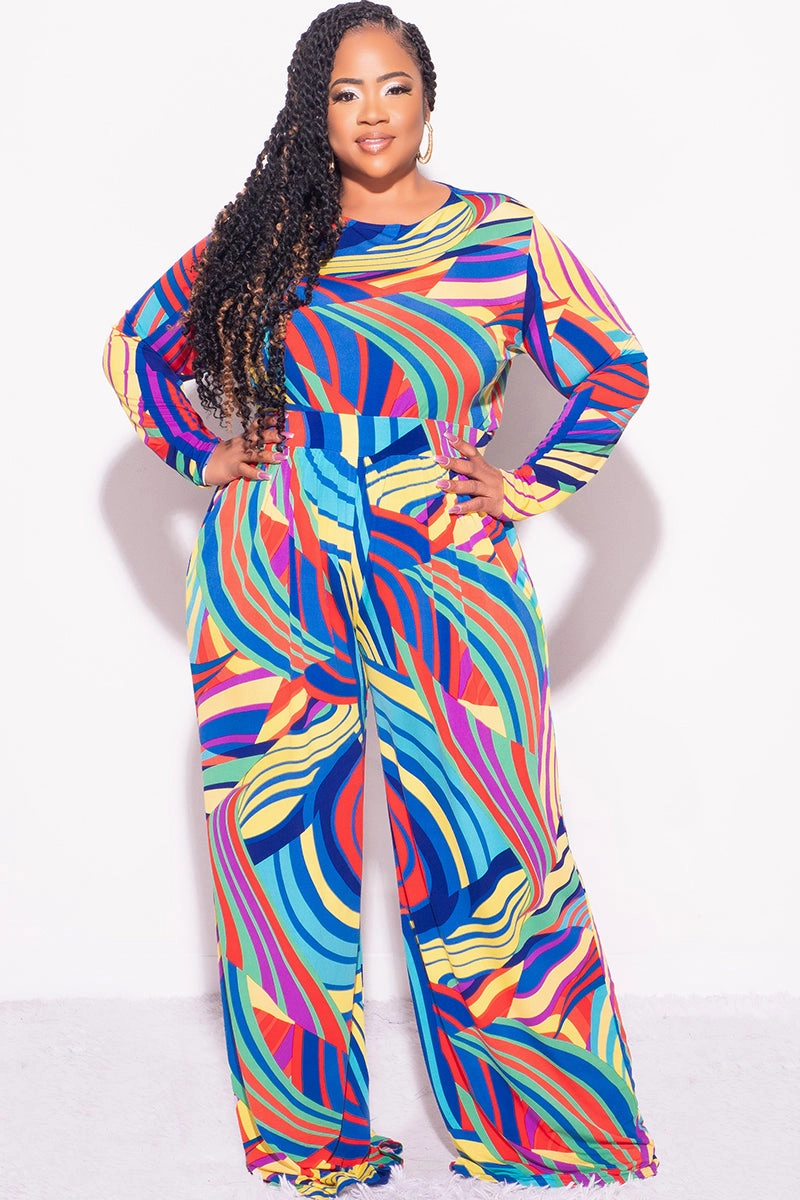 Final Sale Plus Size 2pc Crop Top and Palazzo Pants Set in Multi Color Print Athletic Flex Wear ReinforcedStitching
