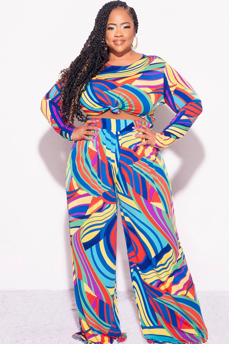 Final Sale Plus Size 2pc Crop Top and Palazzo Pants Set in Multi Color Print Fit Control