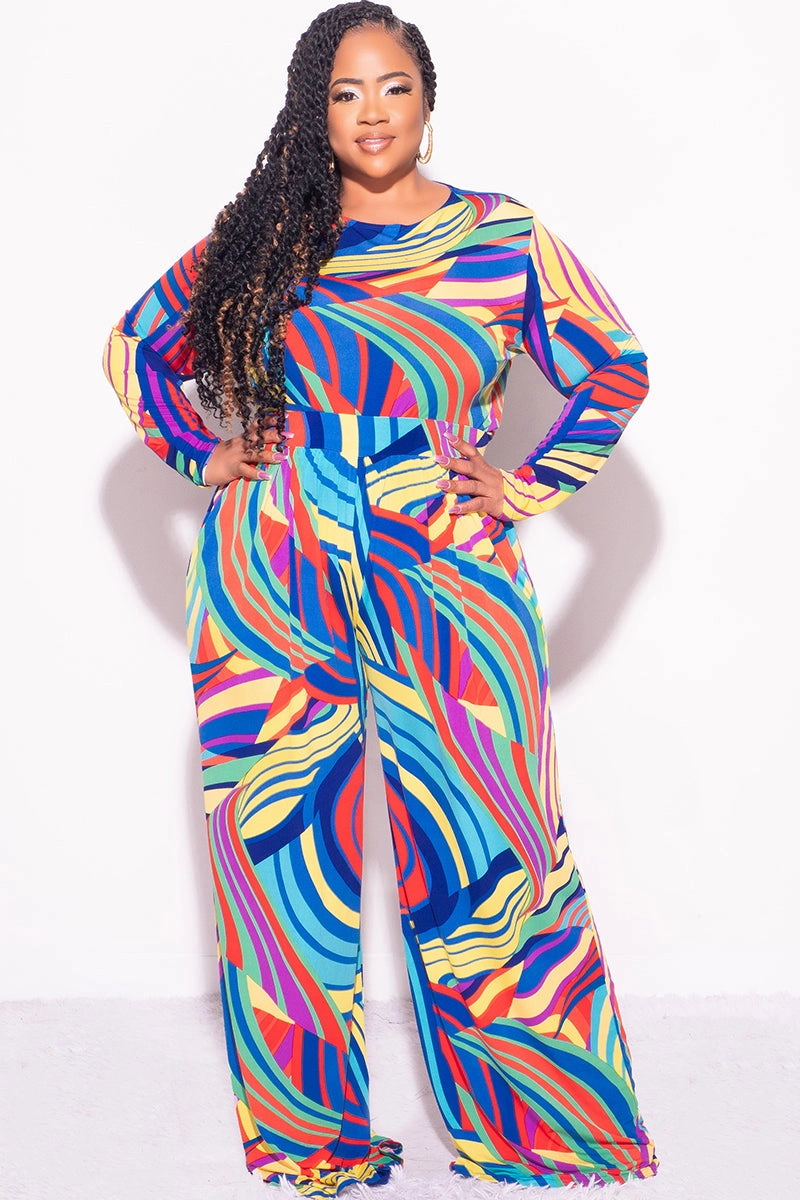 Noise Reduciting Fabric Final Sale Plus Size 2pc Crop Top and Palazzo Pants Set in Multi Color Print