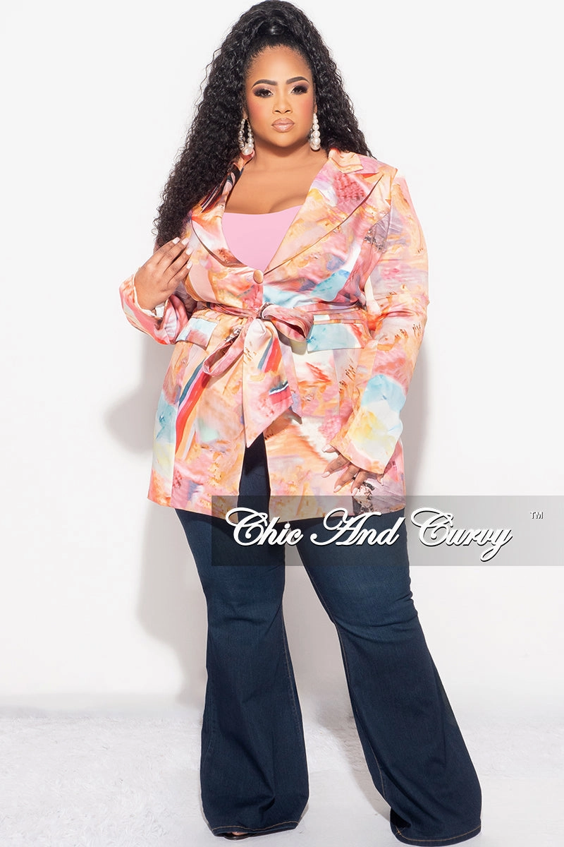 Odor Resistant Treatment Final Sale Plus Size Blazer in Pink Multi Color Design Print G004