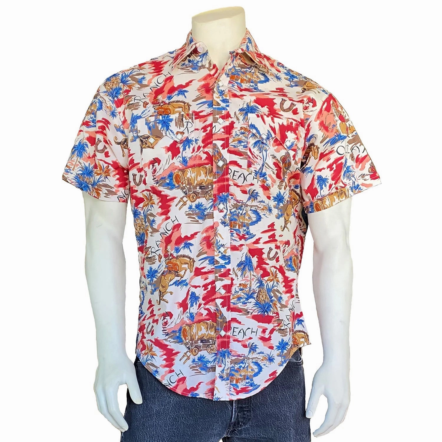 Rockmount Mens Hawaiian Print Red 100% Cotton S/S Shirt Lightweight Layers Comfy Look