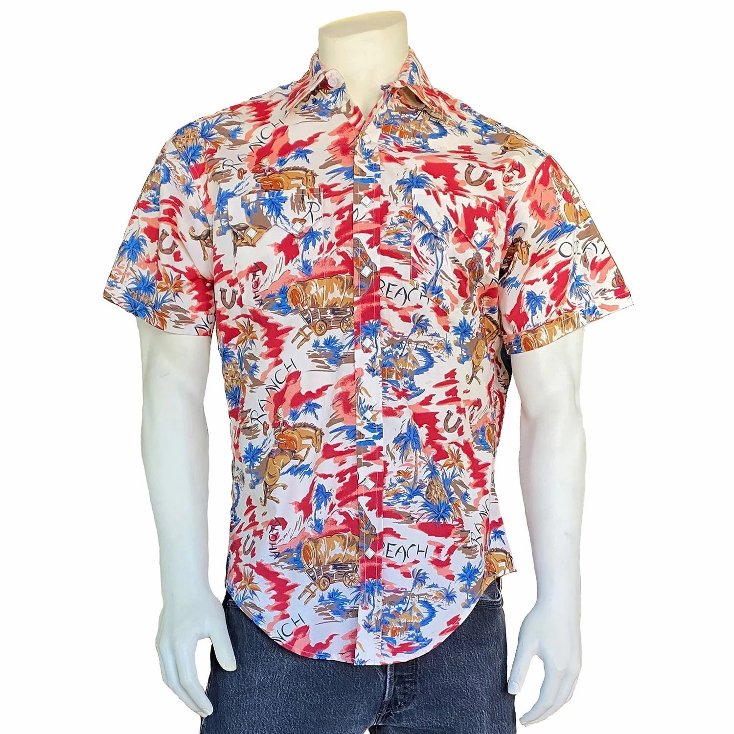 Unisex style Sleek Silhouette Rockmount Mens Hawaiian Print Red 100% Cotton S/S Shirt