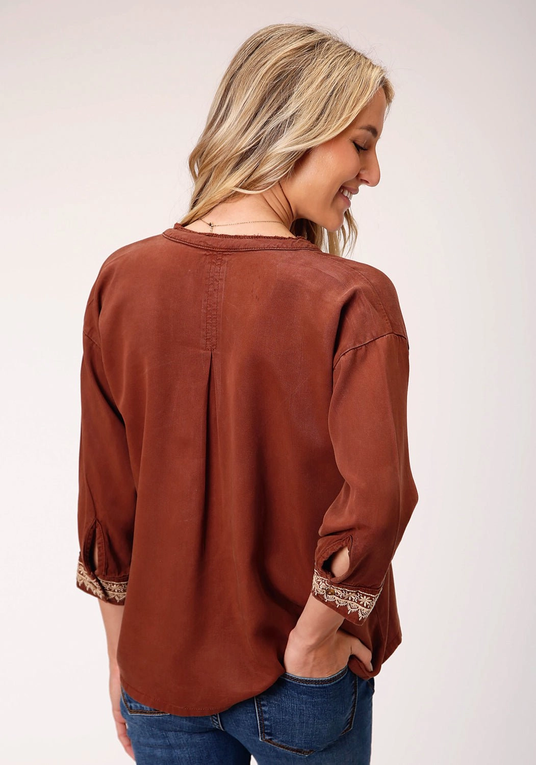 Stetson Womens Tobacco Denim Peasant 3/4 Sleeve Blouse Trendsetter Choice Unstructured Shoulder