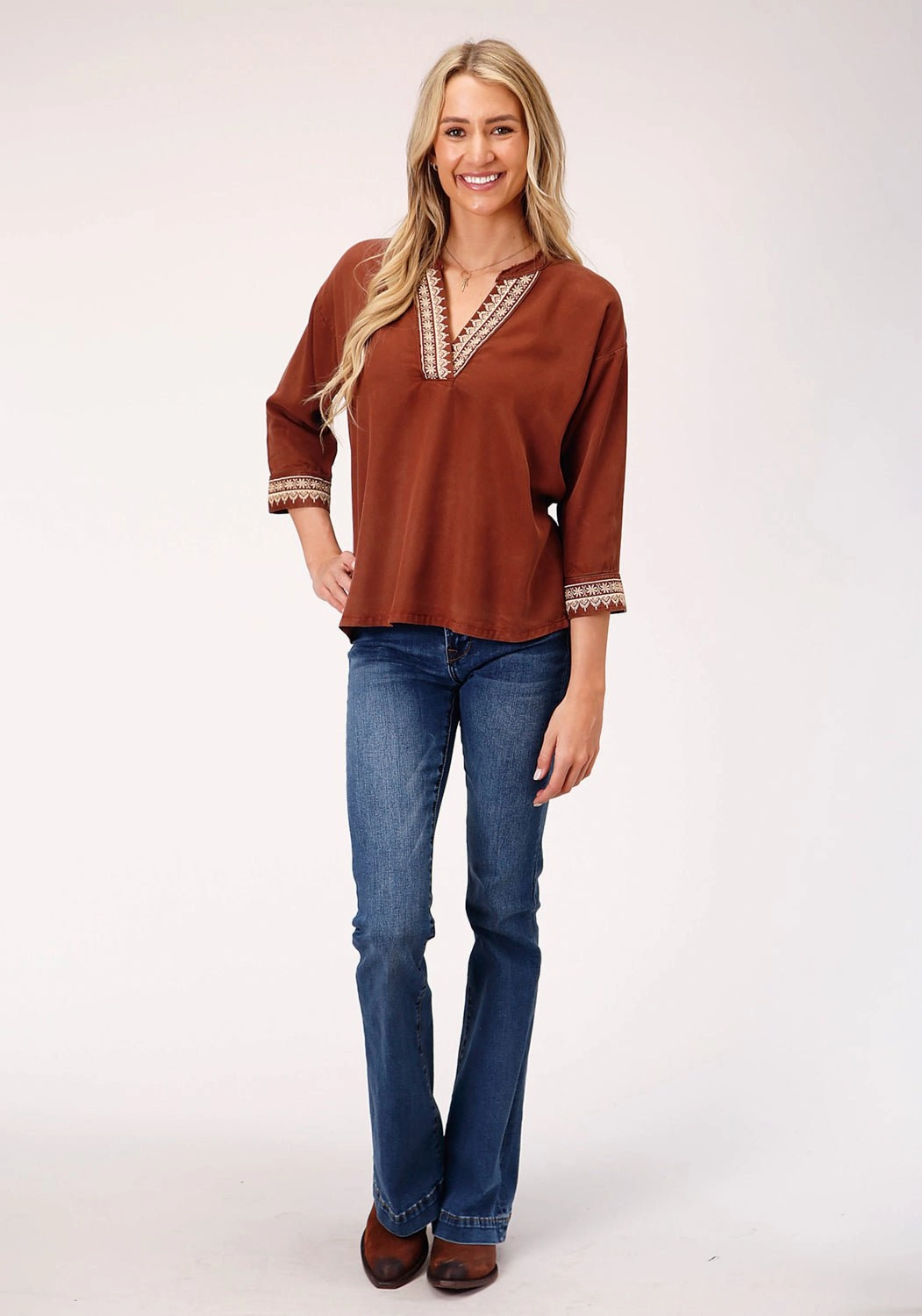 Stetson Womens Tobacco Denim Peasant 3/4 Sleeve Blouse Anti Odor Treatment Timeless Design