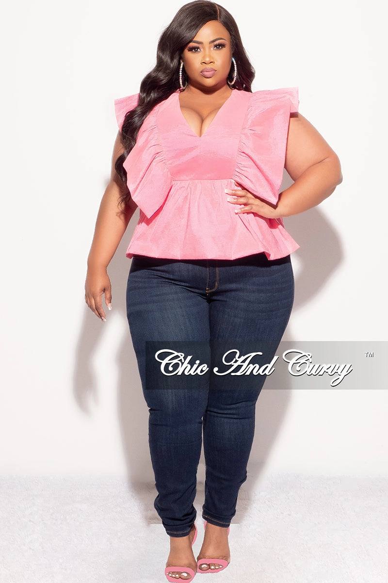 Final Sale Plus Size Ruffle Peplum Top in Pink Easy Care Fabric