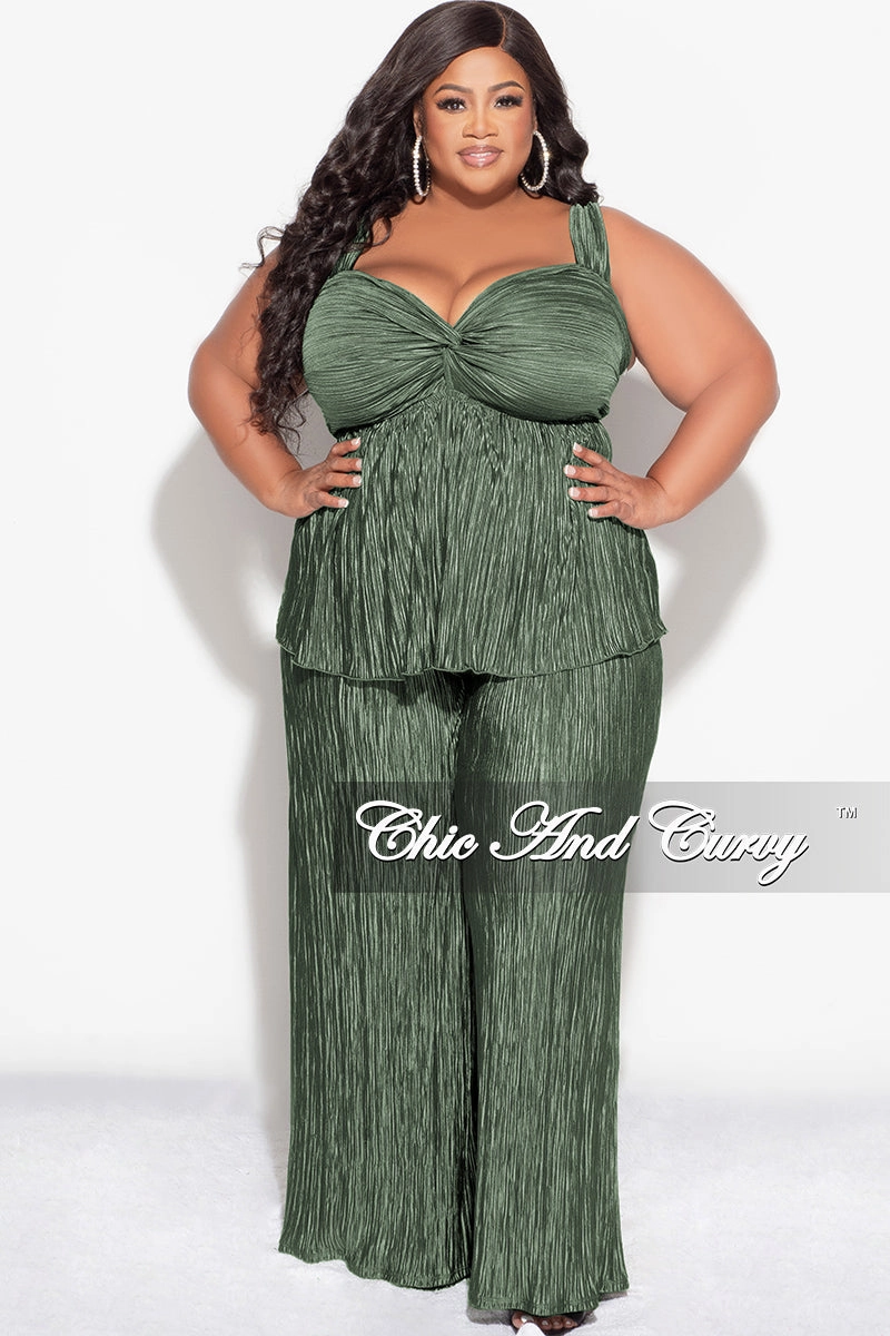 Comfortable Movement Final Sale Plus Size Sleeveless Pleated Peplum Top and Palazzo Pants Set in Olive