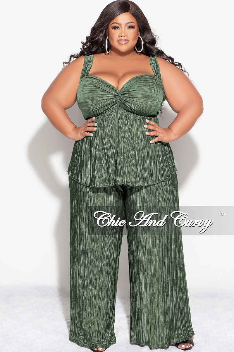 Final Sale Plus Size Sleeveless Pleated Peplum Top and Palazzo Pants Set in Olive Hiking Gear Odor control
