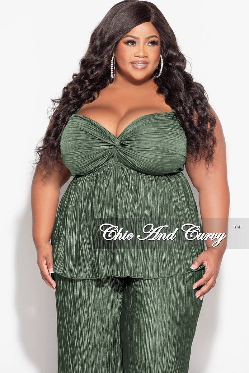 Final Sale Plus Size Sleeveless Pleated Peplum Top and Palazzo Pants Set in Olive Breathable Base