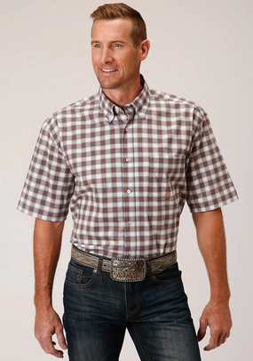 Essential Wardrobe Roper Mens Grey Cotton Blend New Stretch Check BD S/S 1 Pkt Shirt