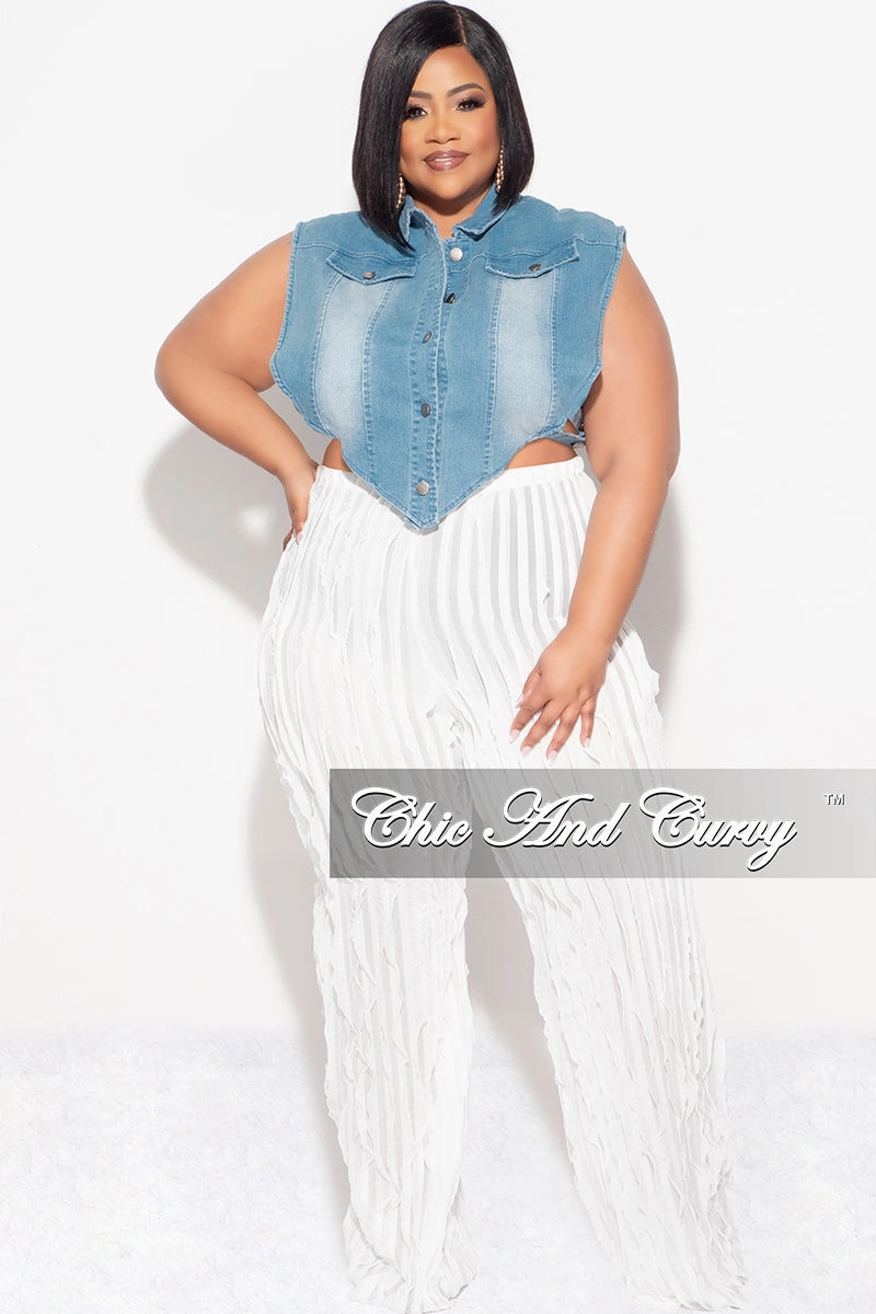 Final Sale Plus Size Button Up Collar Crop Vest with Cutout Sides in Medium Denim (B Denim) Breathable Material Distressed finish