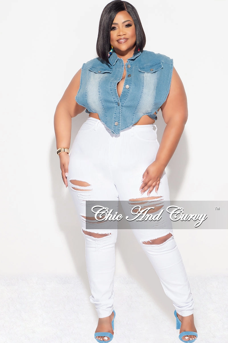 FadeResistantTreatment Low Bulk Material Final Sale Plus Size Button Up Collar Crop Vest with Cutout Sides in Medium Denim (B Denim)