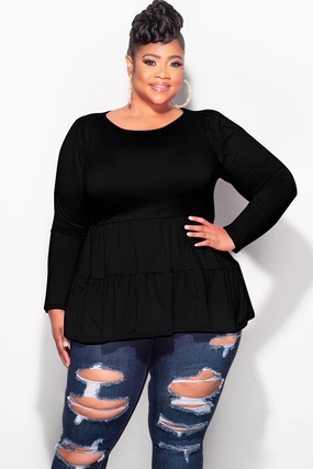 Final Sale Plus Size Long Sleeve Peplum Top In Black Freedom Motion Non Restrictive