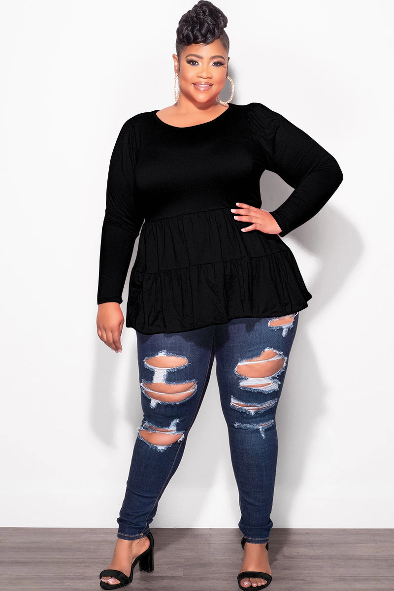 ElasticCuffs Minimal Comfort Final Sale Plus Size Long Sleeve Peplum Top In Black