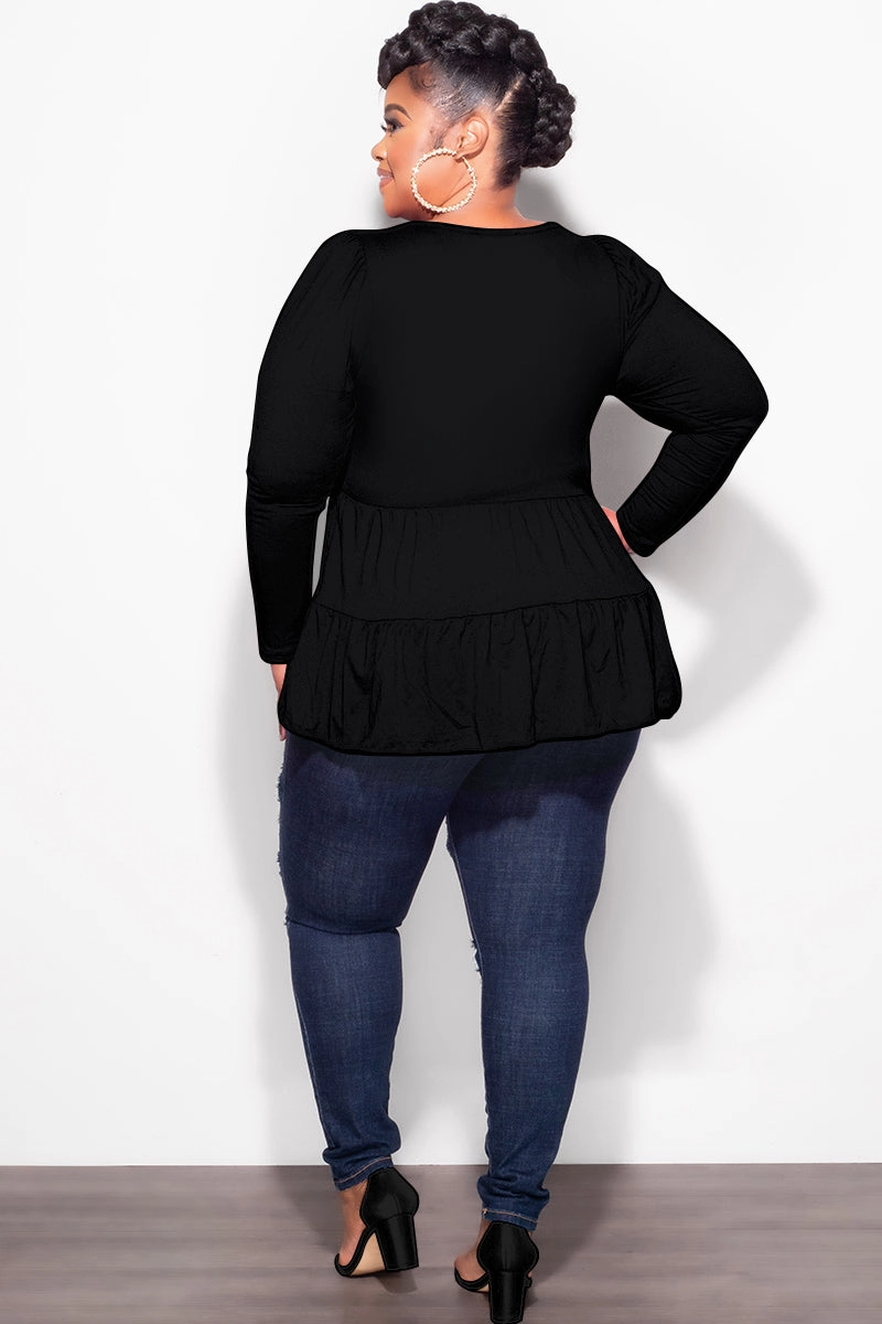 FlameRetardantTreatment Final Sale Plus Size Long Sleeve Peplum Top In Black