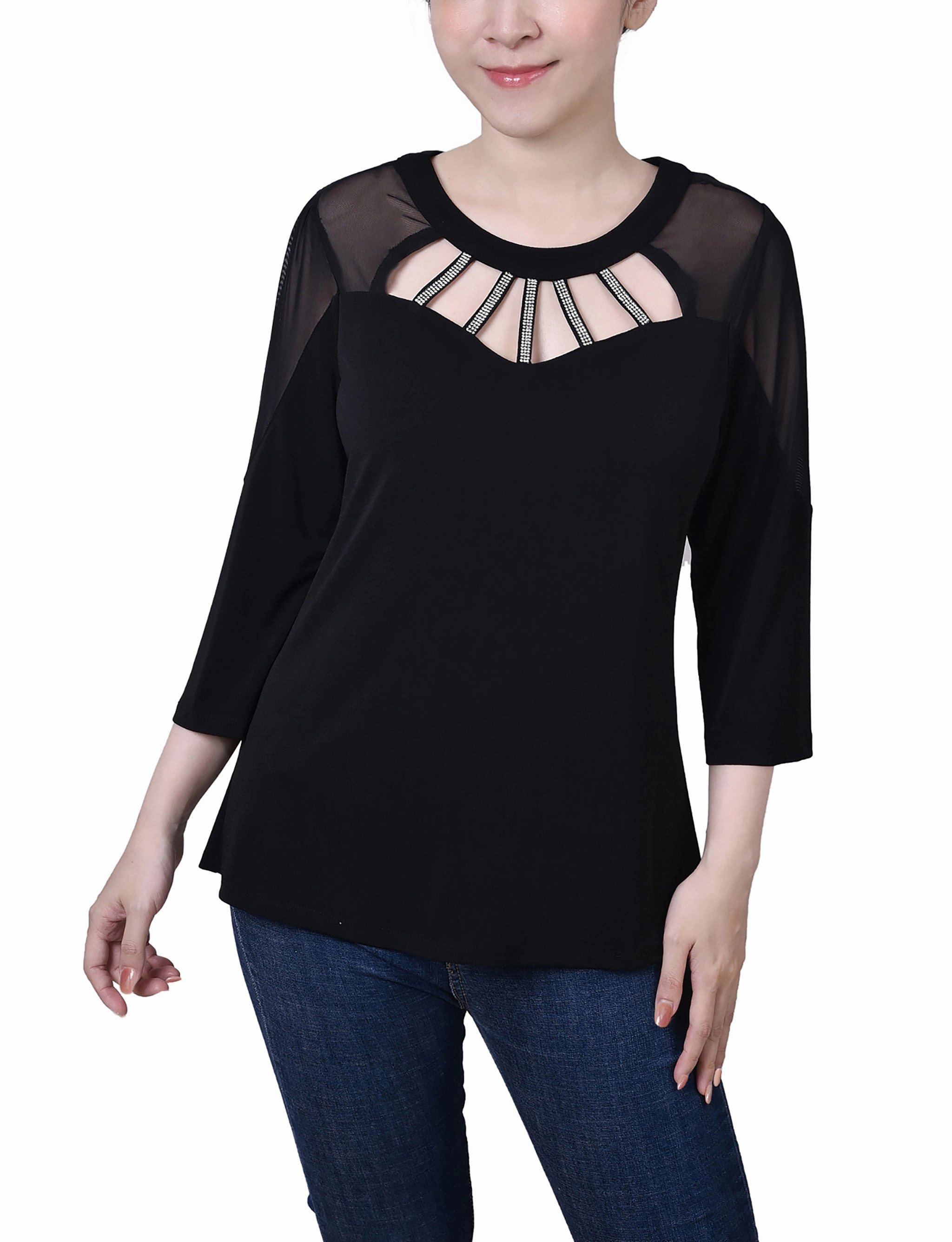 Lightweight Design FlexibleRibbing Petite 3/4 Sleeve Top With Neckline Cutouts and Stones