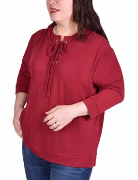 Plus Size Long Sleeve Hoodie Top With Laced Yoke RollUpSleeves