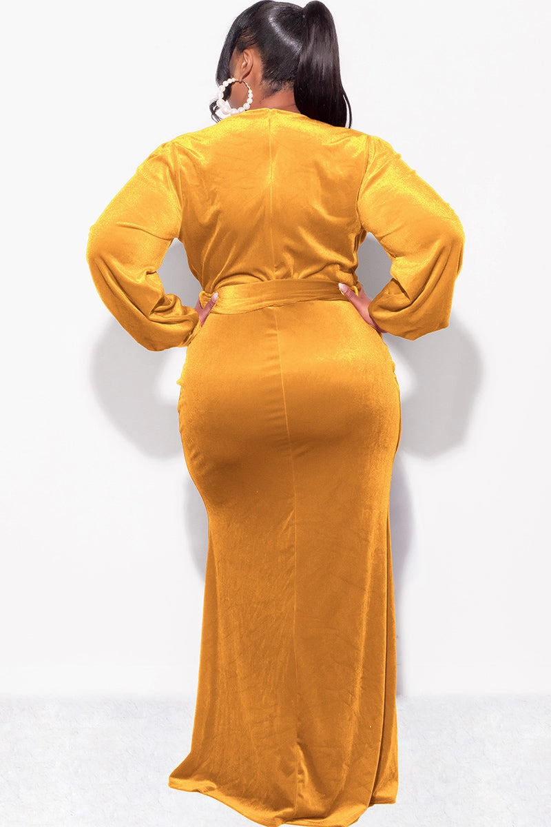 Final Sale Plus Size Faux Wrap Gown with Tie Belt in Dark Mustard Velvet Flexible Knee Articulation All Purpose Fit
