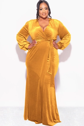 Timeless Comfort Wear Final Sale Plus Size Faux Wrap Gown with Tie Belt in Dark Mustard Velvet