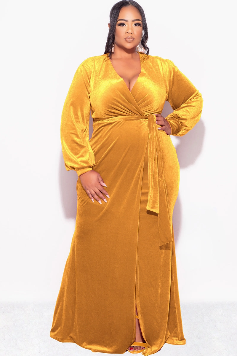 Final Sale Plus Size Faux Wrap Gown with Tie Belt in Dark Mustard Velvet AntiSlipGrip Flexible Leg