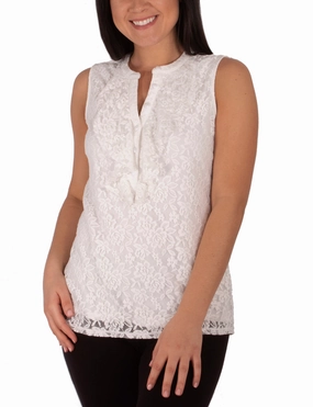 Sleeveless Lace Ruffle Front Y Neck Top Retro Style