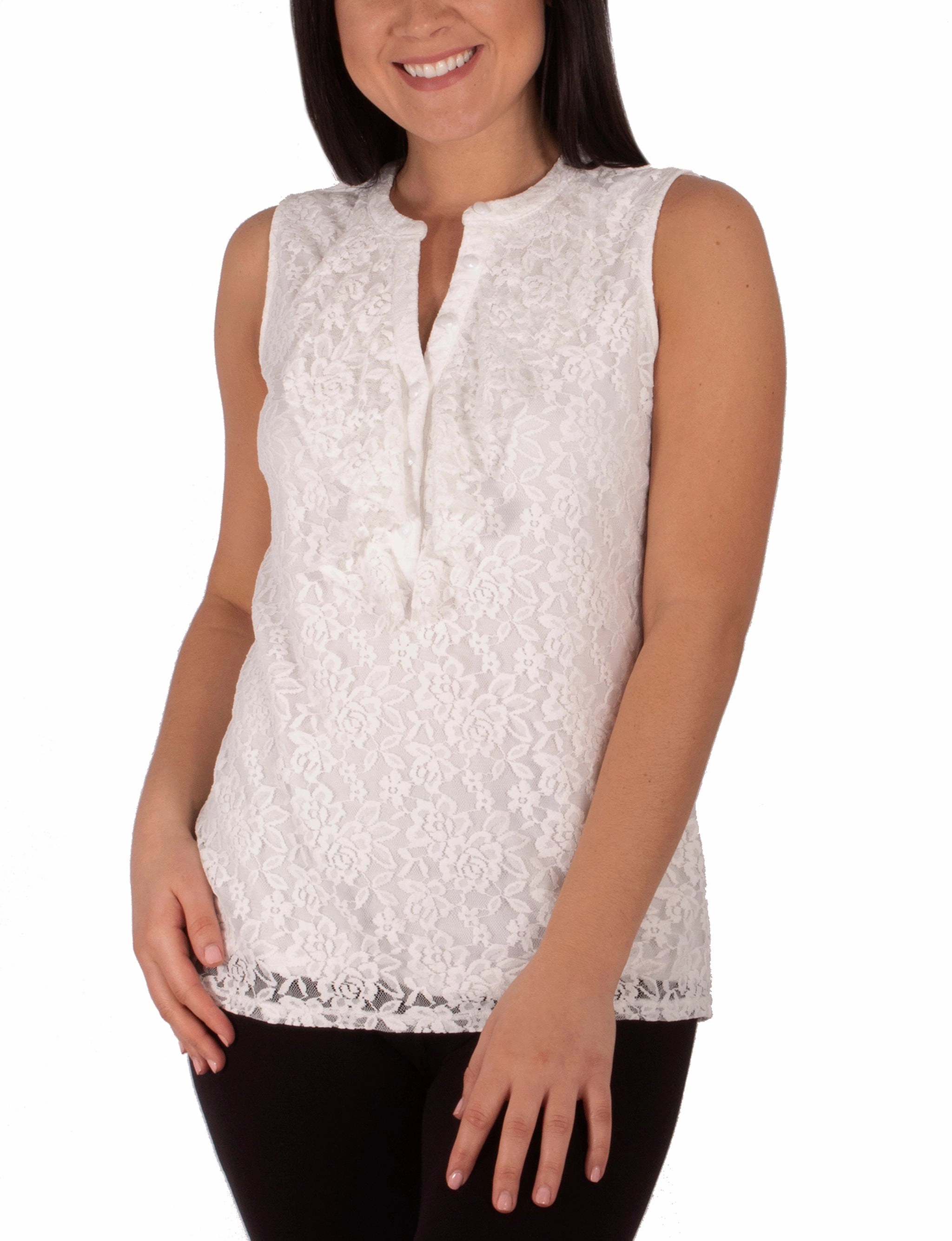 Sleeveless Lace Ruffle Front Y Neck Top Retro Style