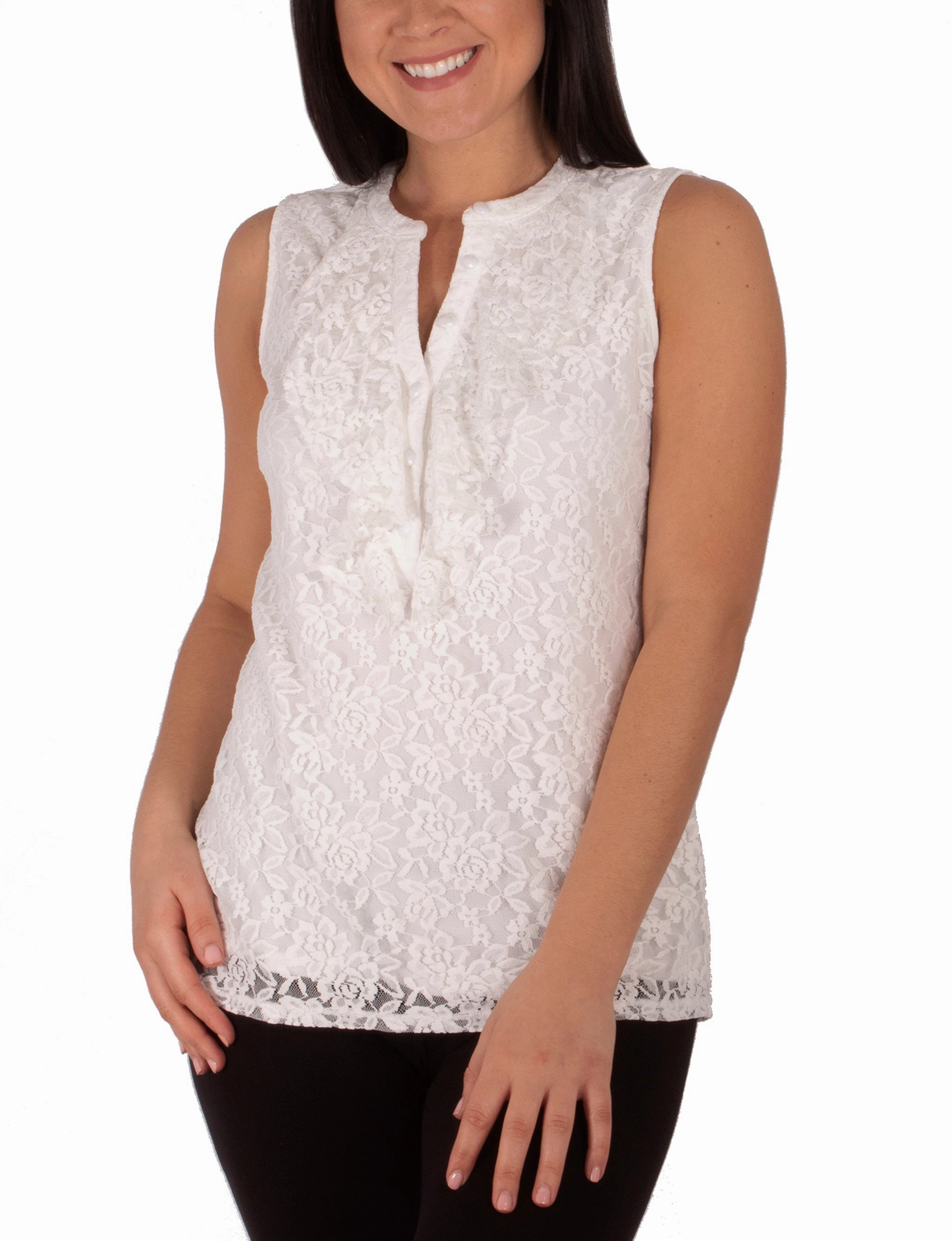 Sleeveless Lace Ruffle Front Y Neck Top DoubleStitched Hem CompressionTechnology