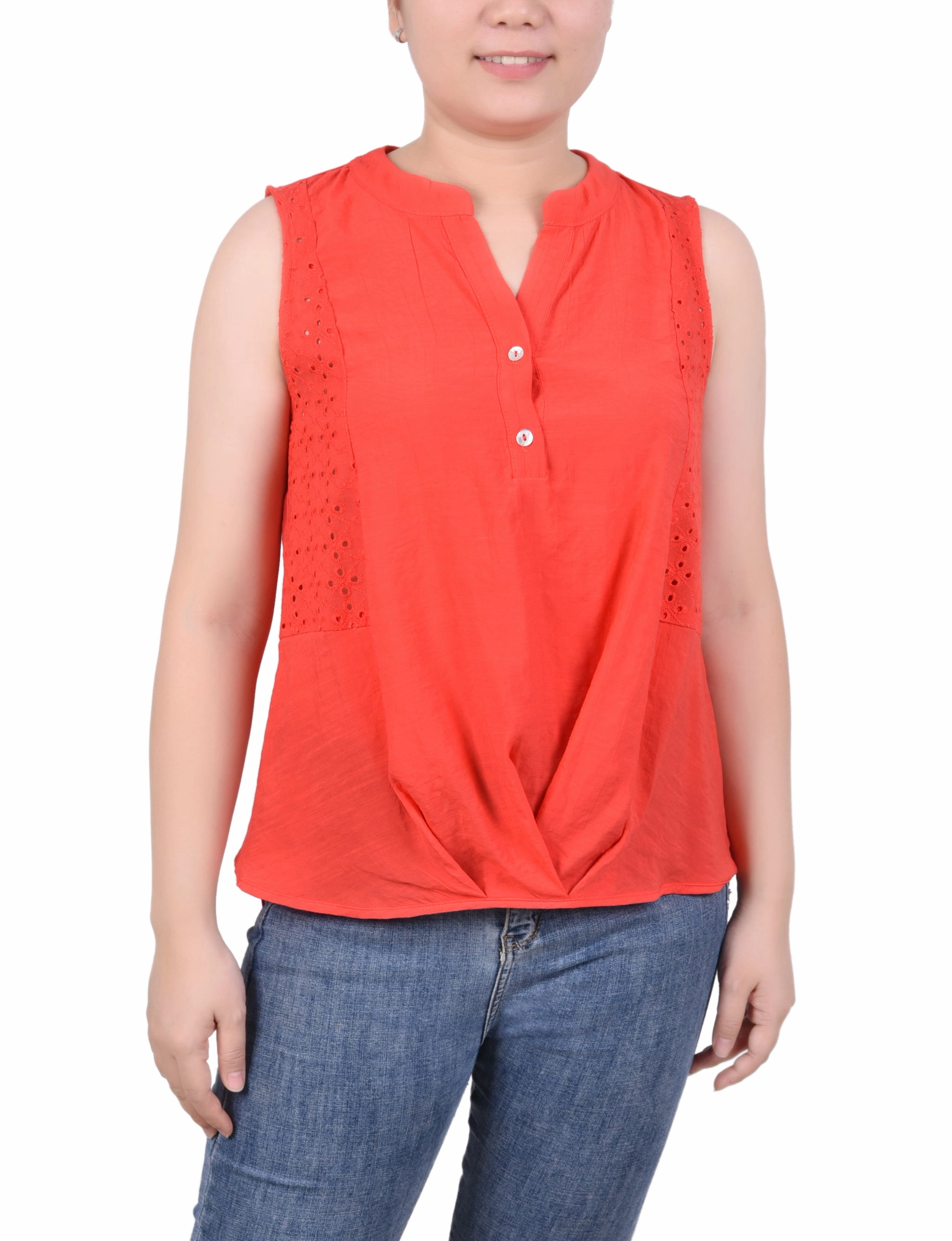 RollUpSleeves Moisture Management Sleeveless Blouse With Eyelet Insets