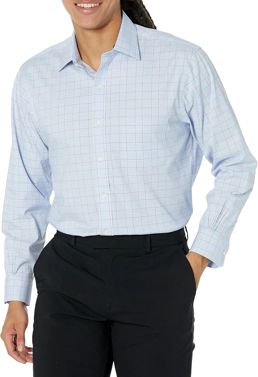 Brooks Brothers Men's Non-Iron Stretch Pinpoint Ainsley Spread Collar Plaid Dress Shirt