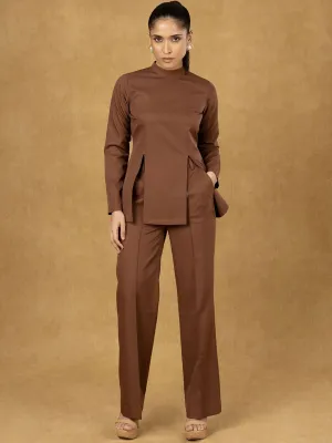 Brown Front Slit Top With Straight Trouser
