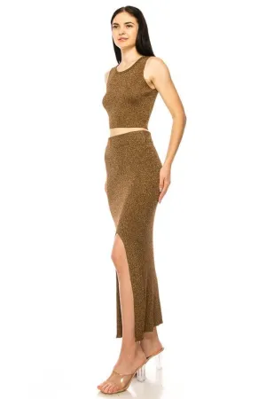 Brown Metallic Shinny Skirt Set