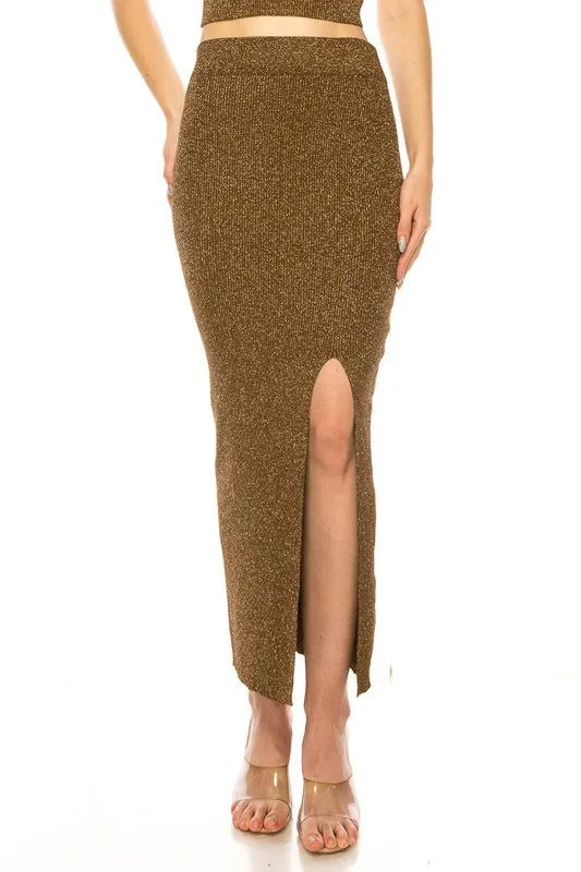 Brown Metallic Shinny Skirt Set