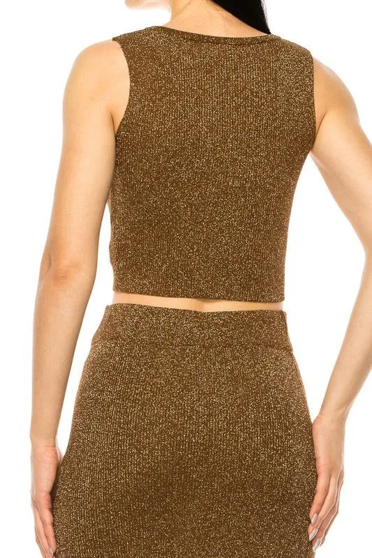 Brown Metallic Shinny Skirt Set