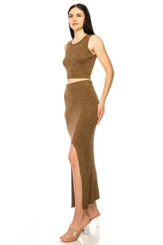 Brown Metallic Shinny Skirt Set