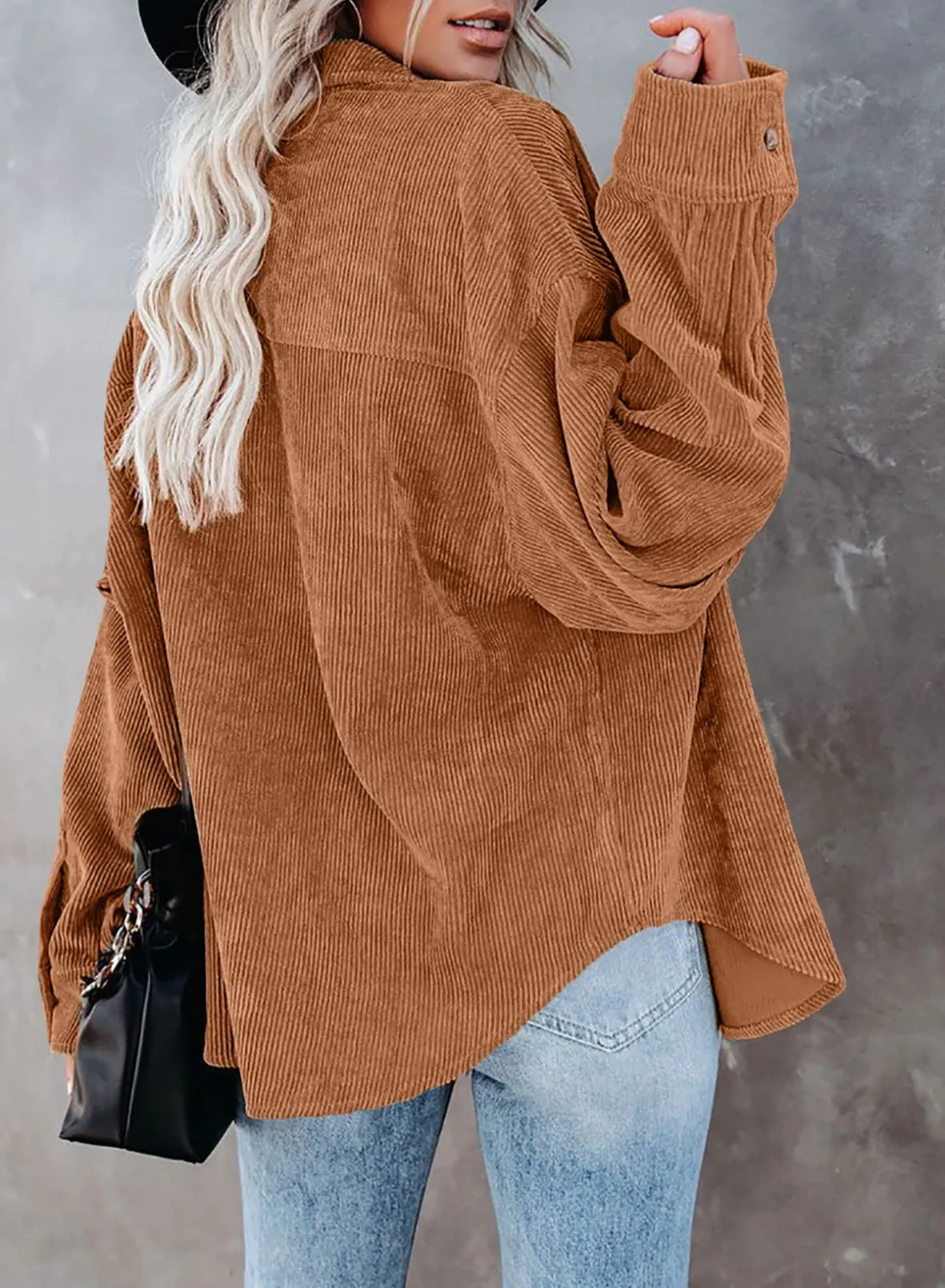 Brown Womens Corduroy Button Down Shirts Boyfriend Long Sleeve Oversized Blouses Tops - Dokotoo