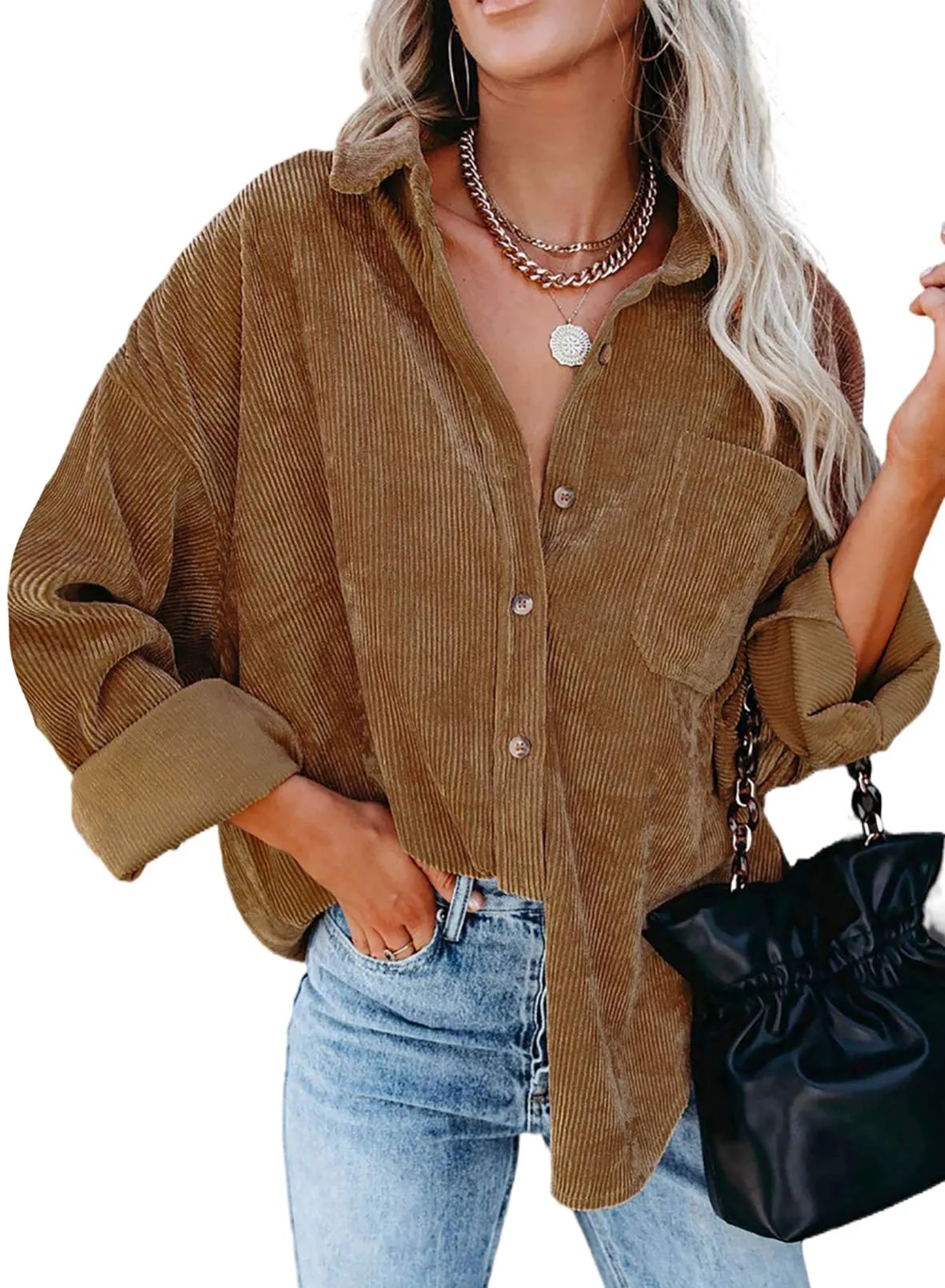 Brown Womens Corduroy Button Down Shirts Boyfriend Long Sleeve Oversized Blouses Tops - Dokotoo