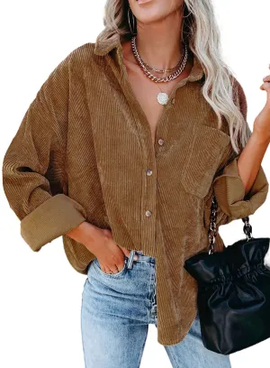 Brown Womens Corduroy Button Down Shirts Boyfriend Long Sleeve Oversized Blouses Tops - Dokotoo